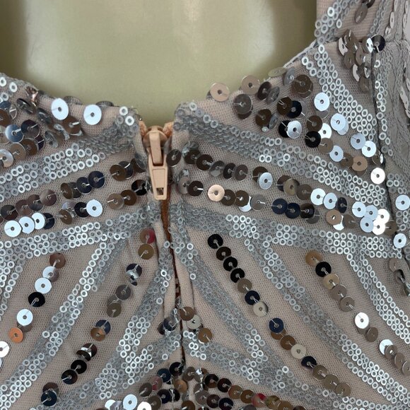 Dear Moon Womens  Nude & Silver Sequin Mini Cocktail Evening Dress SZ 9 - Picture 5 of 9